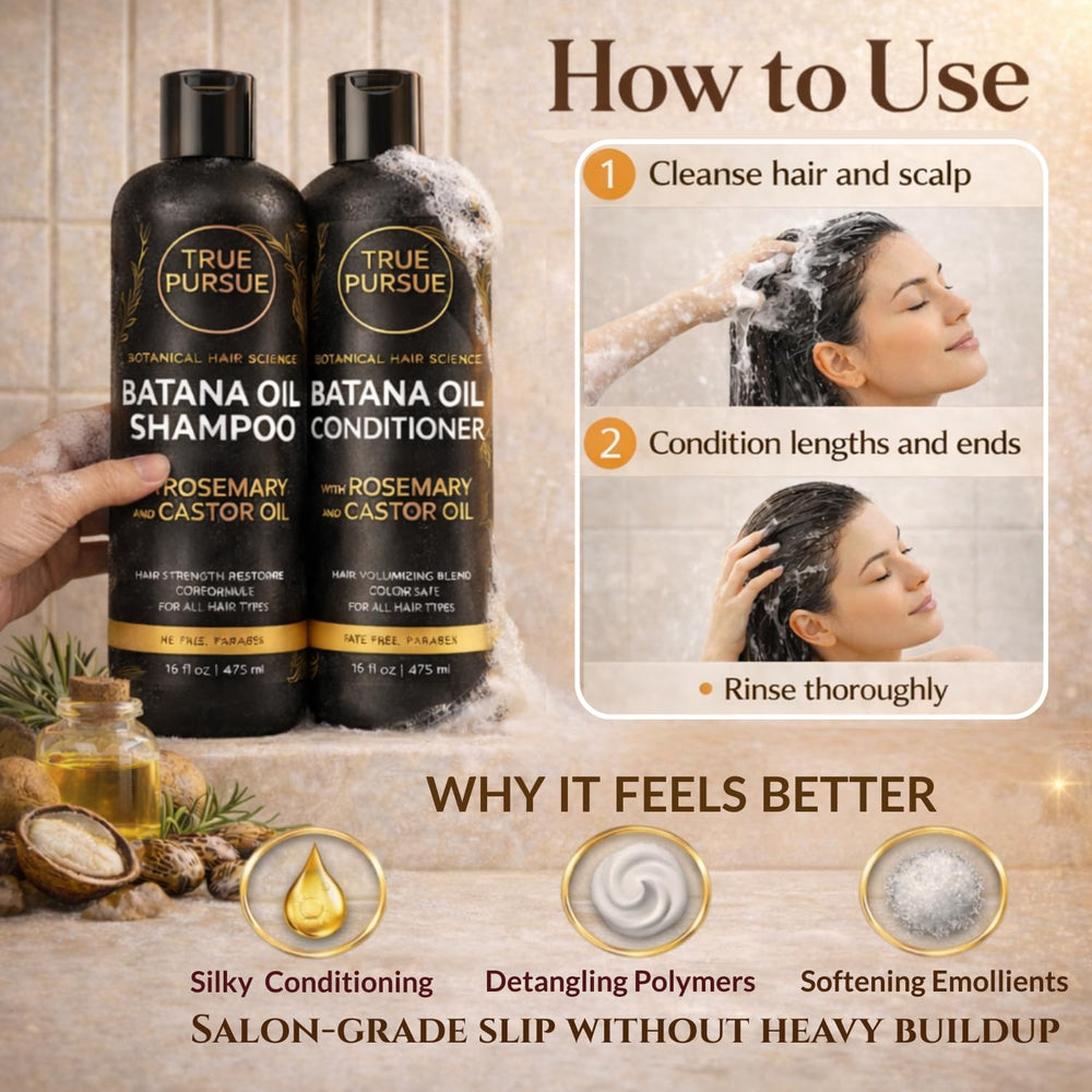TRUÉ PURSUÉ Batana Oil Acondicionador, etiqueta; nutrición para puntas secas.