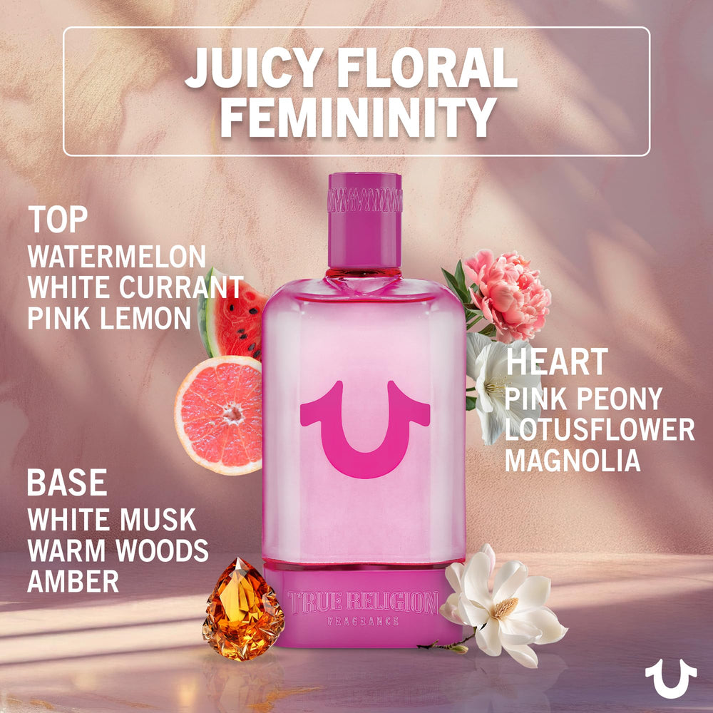 True Religion fragrance for women bottle closeup highlighting premium design and scent quality.
