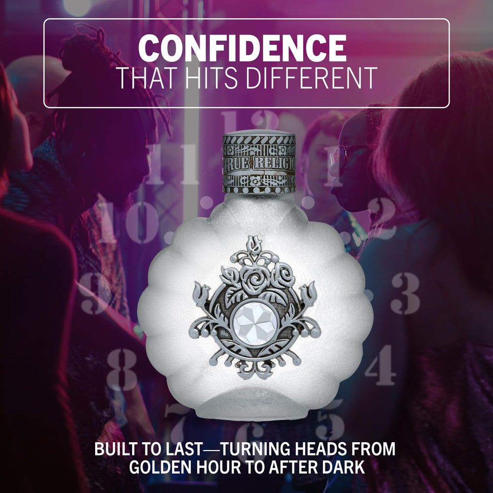 True Religion mid-notes display water lily and freesia, a delicate floral heart.