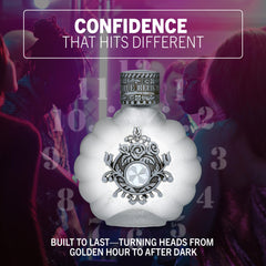 True Religion mid-notes display water lily and freesia, a delicate floral heart.