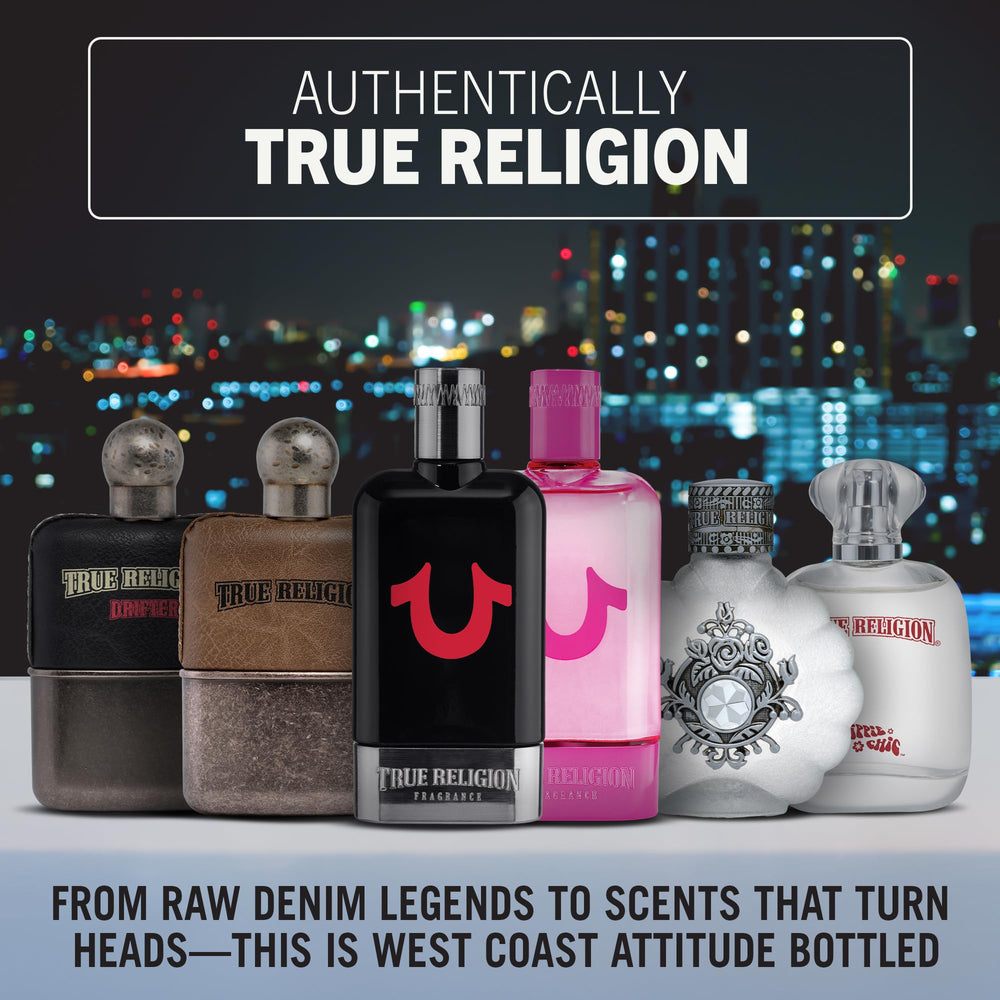 True Religion packaging and bottle close-up, premium design for gifting.