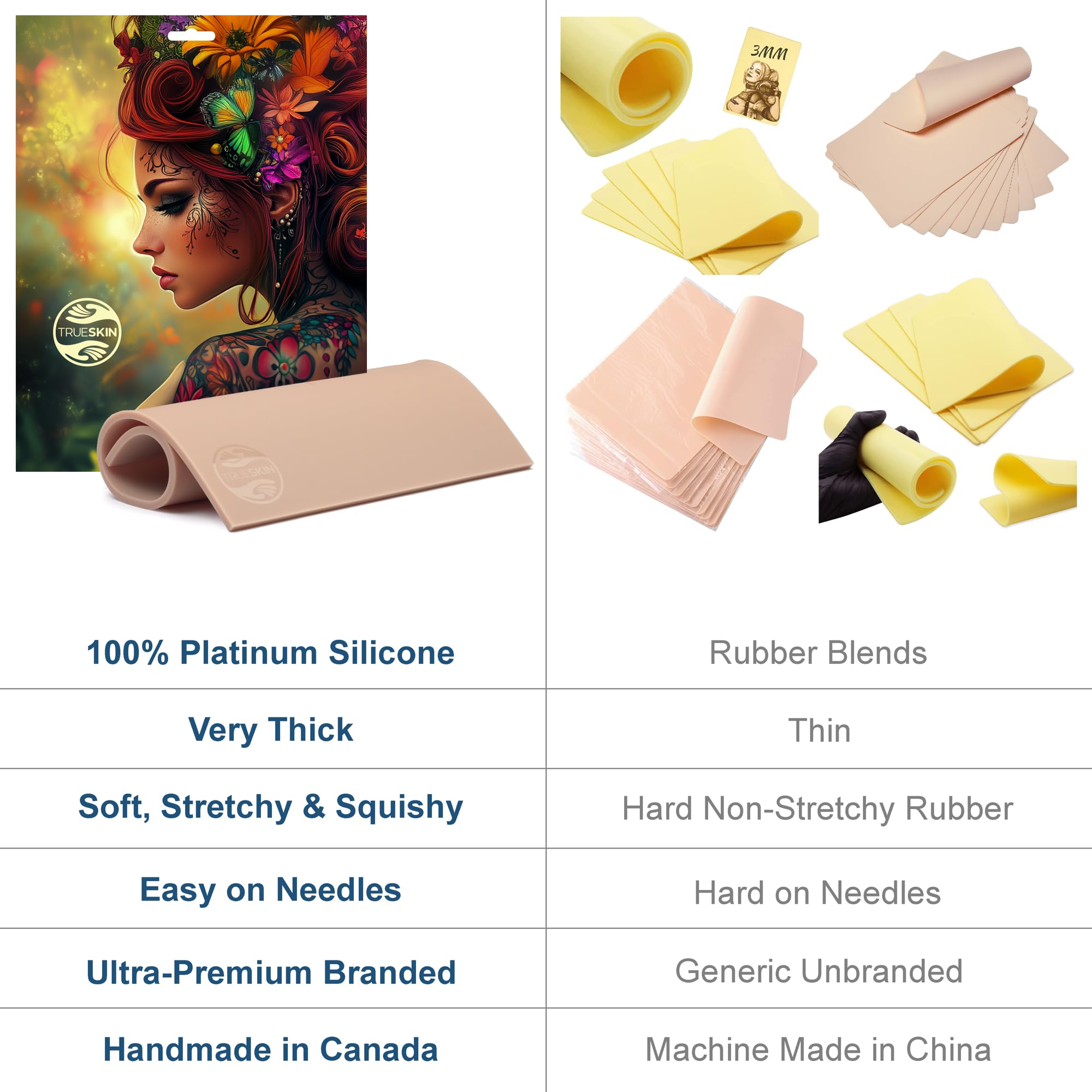 TrueSkin doble cara, piel de práctica para tatuaje, silicona de calidad para ambas caras.
