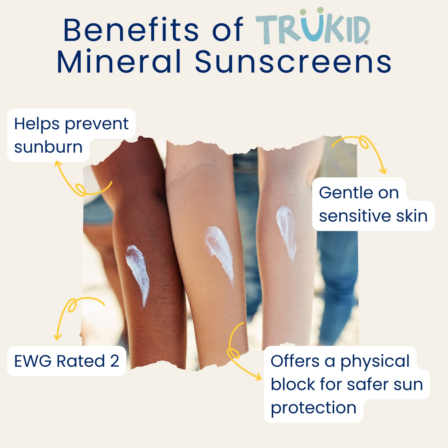 TruKid protector solar mineral SPF 30, textura cremosa para cobertura suave.