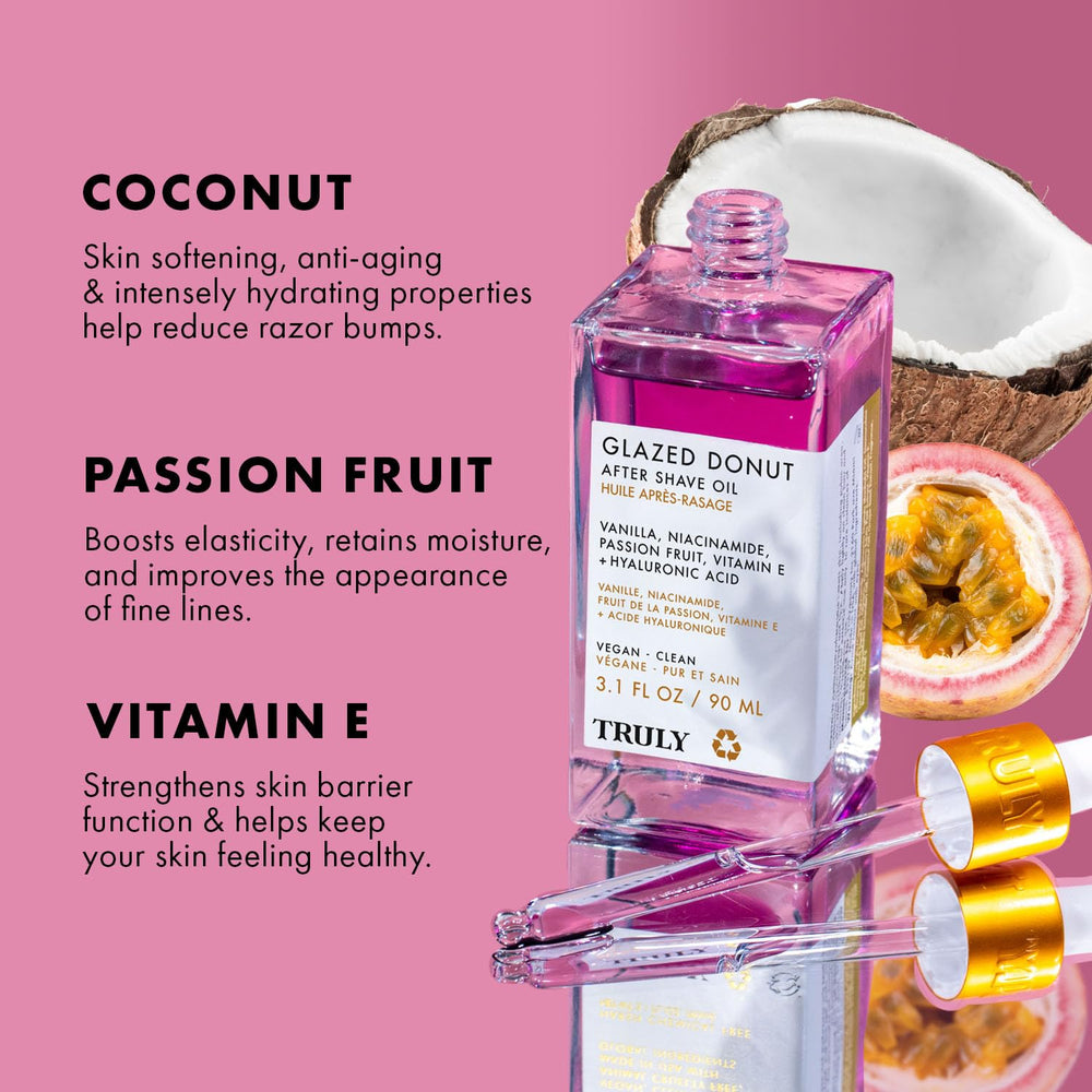Truly Beauty Glazed Donut After Shave Oil Jumbo bottle on shelf suggests quick absorption after shaving.