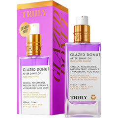 Truly Beauty Glazed Donut After Shave Oil Jumbo packaging close-up highlights hydration potential.