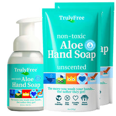 Dispensador espumoso de Truly Free aloe vera para lavado suave y eficiente.