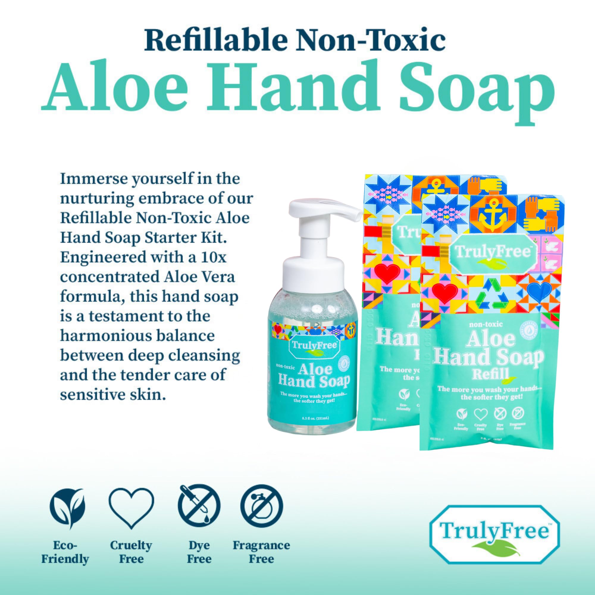 Empaque sostenible reutilizable de Truly Free aloe vera para reducir plástico.