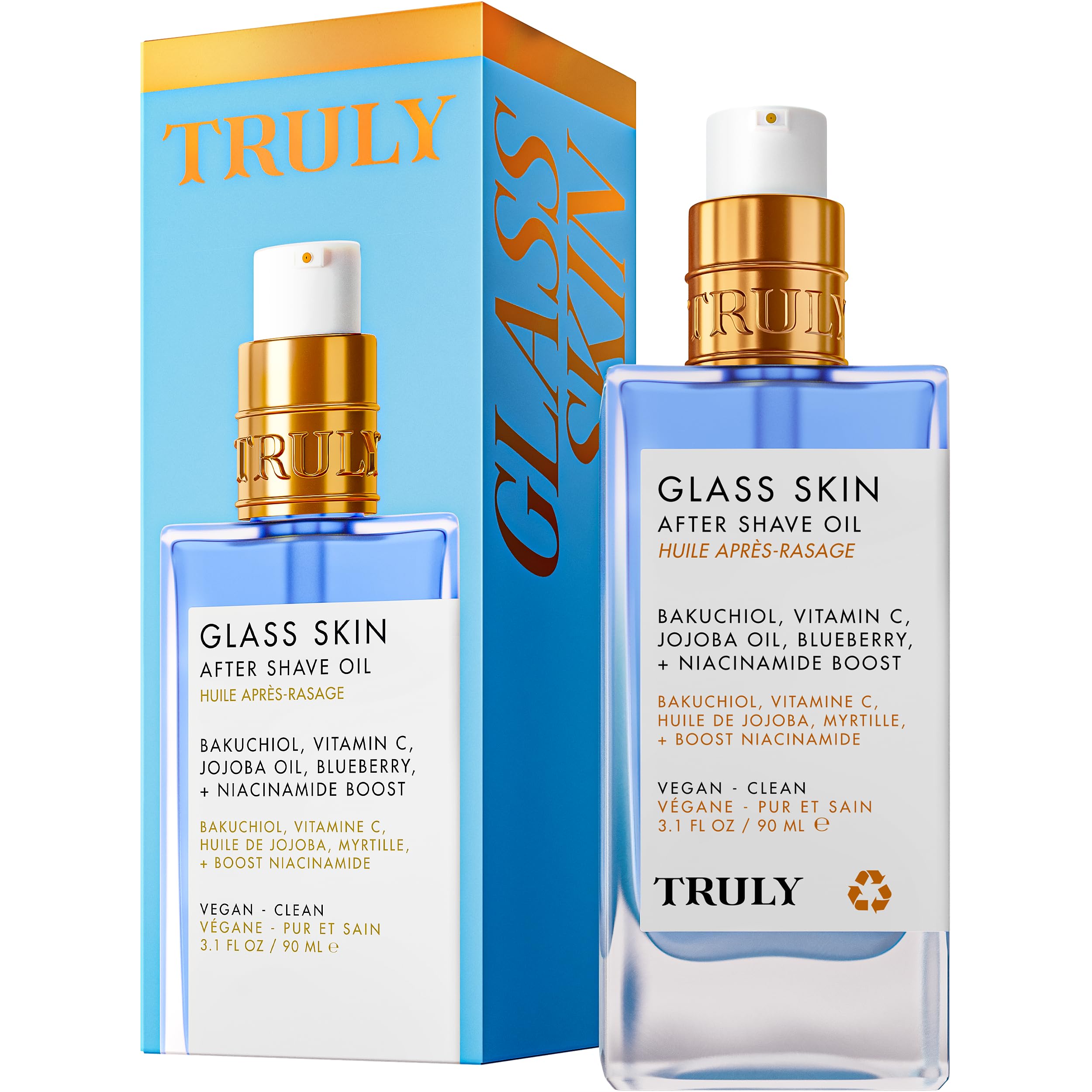 Truly Glass Skin After Shave Oil bottle showing a dewy glow for smooth skin