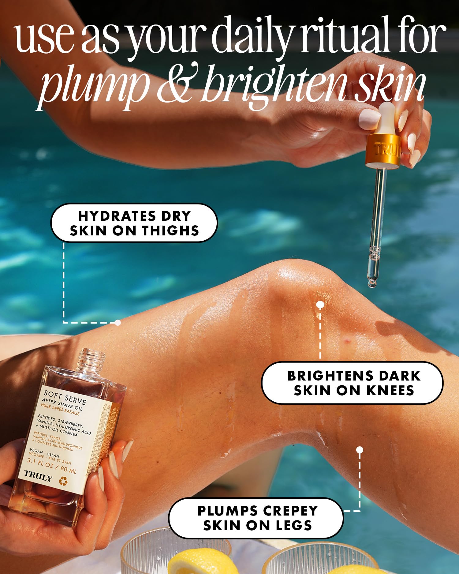 Truly Soft Serve drops illustrate easy, non-greasy application after shaving.