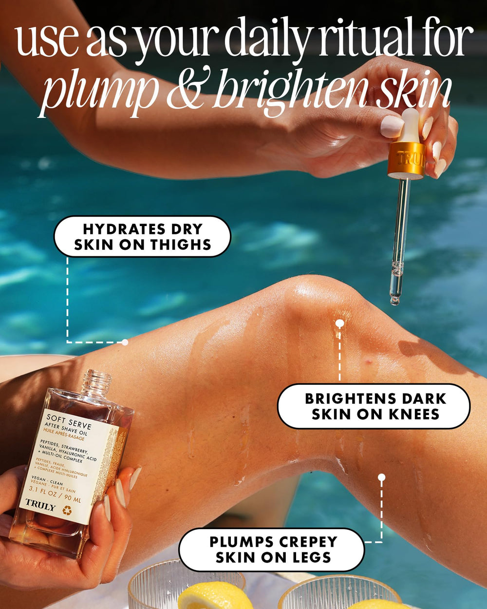 Truly Soft Serve drops illustrate easy, non-greasy application after shaving.