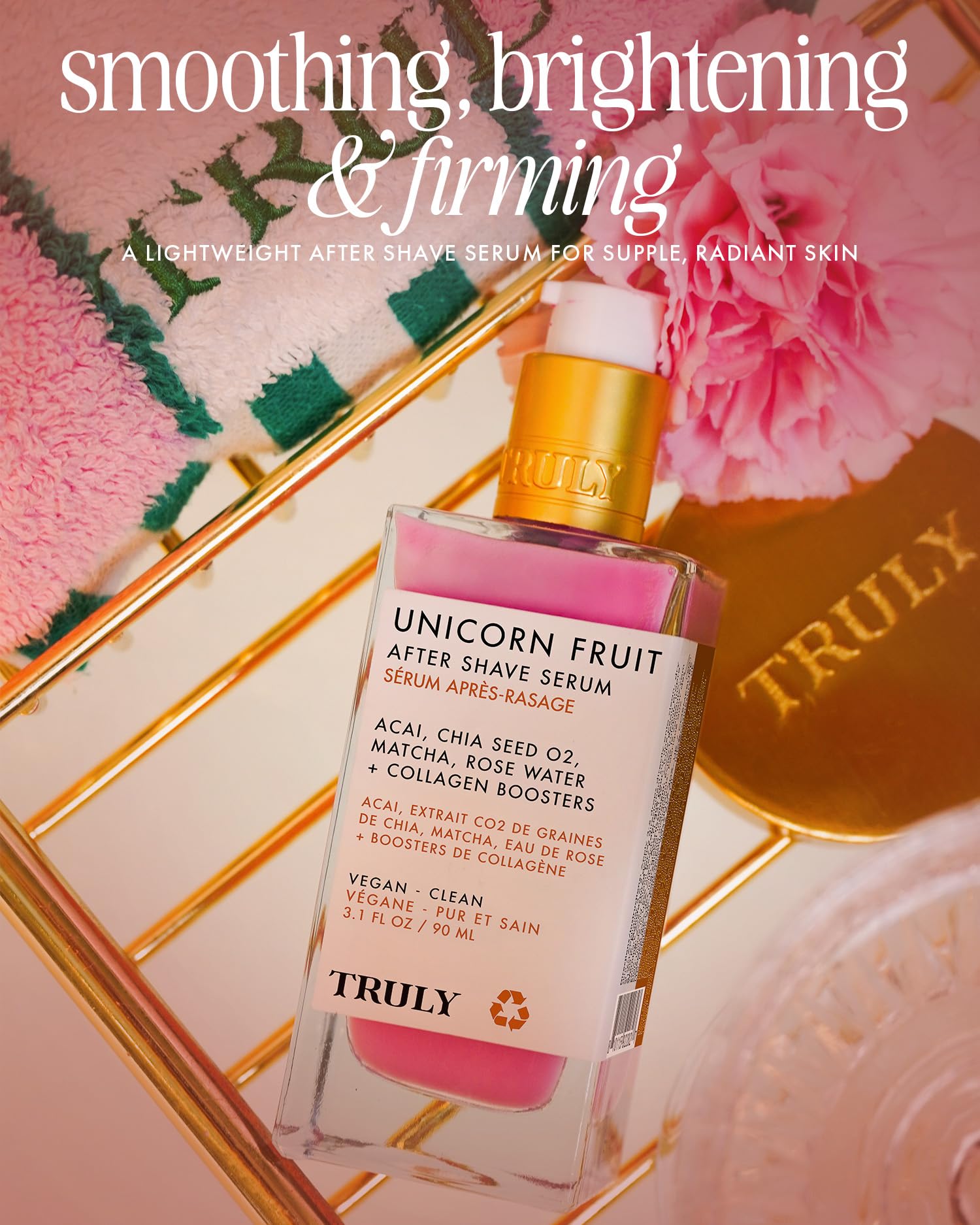 Truly Unicorn Fruit After Shave Serum label showcases clean, lightweight formula for daily use