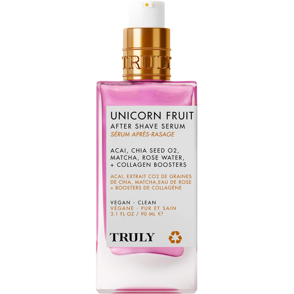 Truly Unicorn Fruit After Shave Serum matcha detail suggests gentle soothing formula for irritation-prone skin
