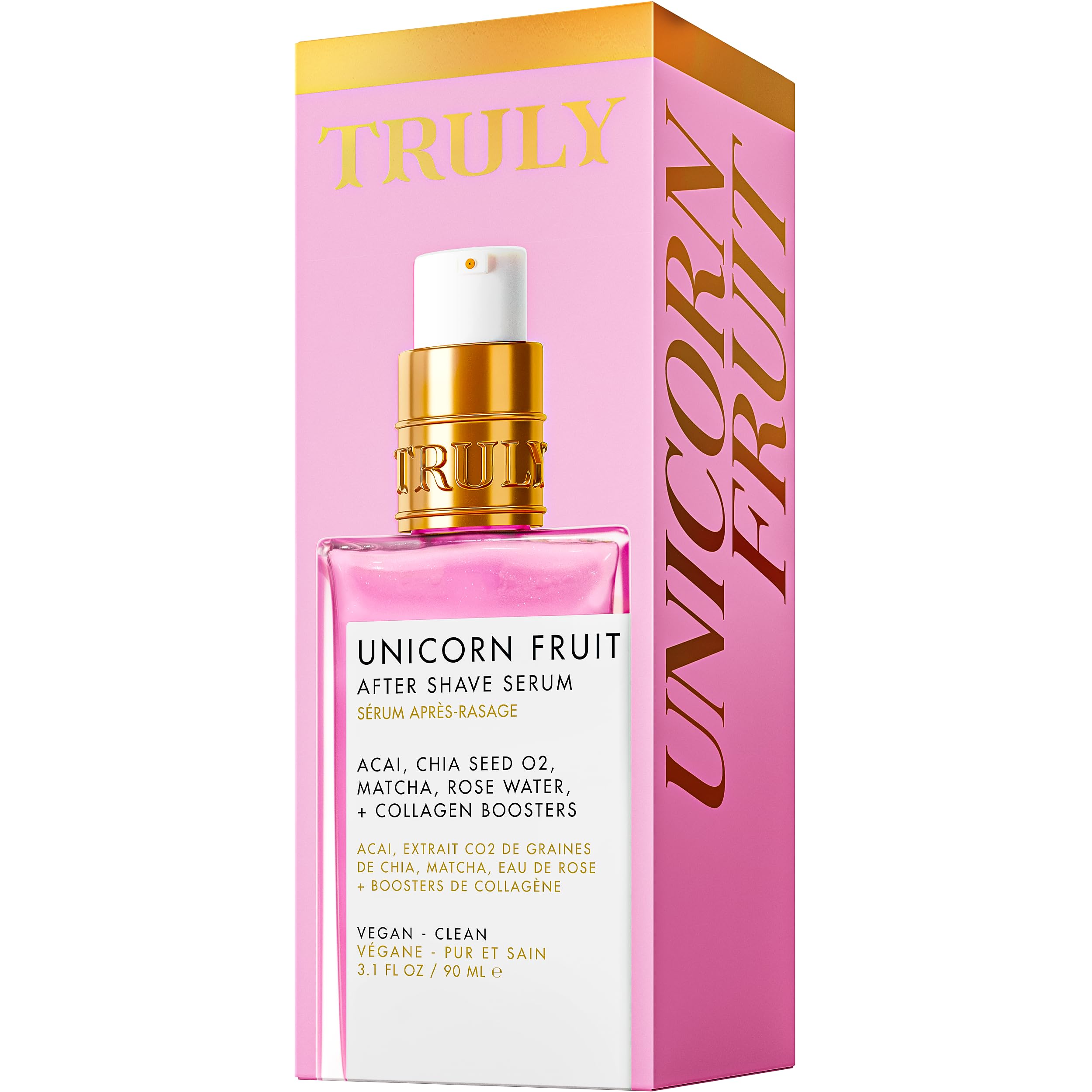 Truly Unicorn Fruit After Shave Serum packaging shows travel-friendly bottle