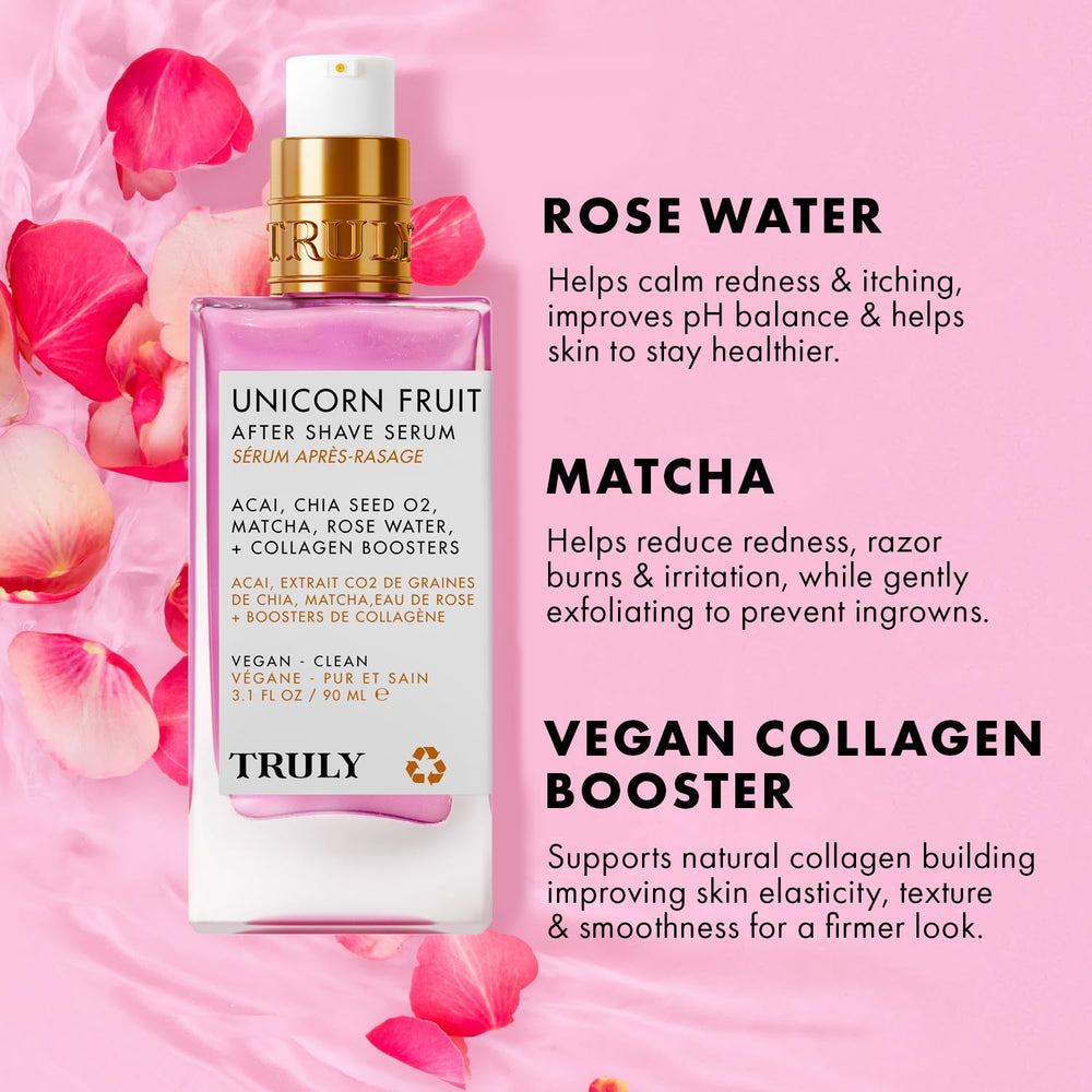 Truly Unicorn Fruit After Shave Serum rose-water detail emphasizes soothing hydration after shaving