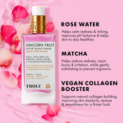 Truly Unicorn Fruit After Shave Serum rose-water detail emphasizes soothing hydration after shaving