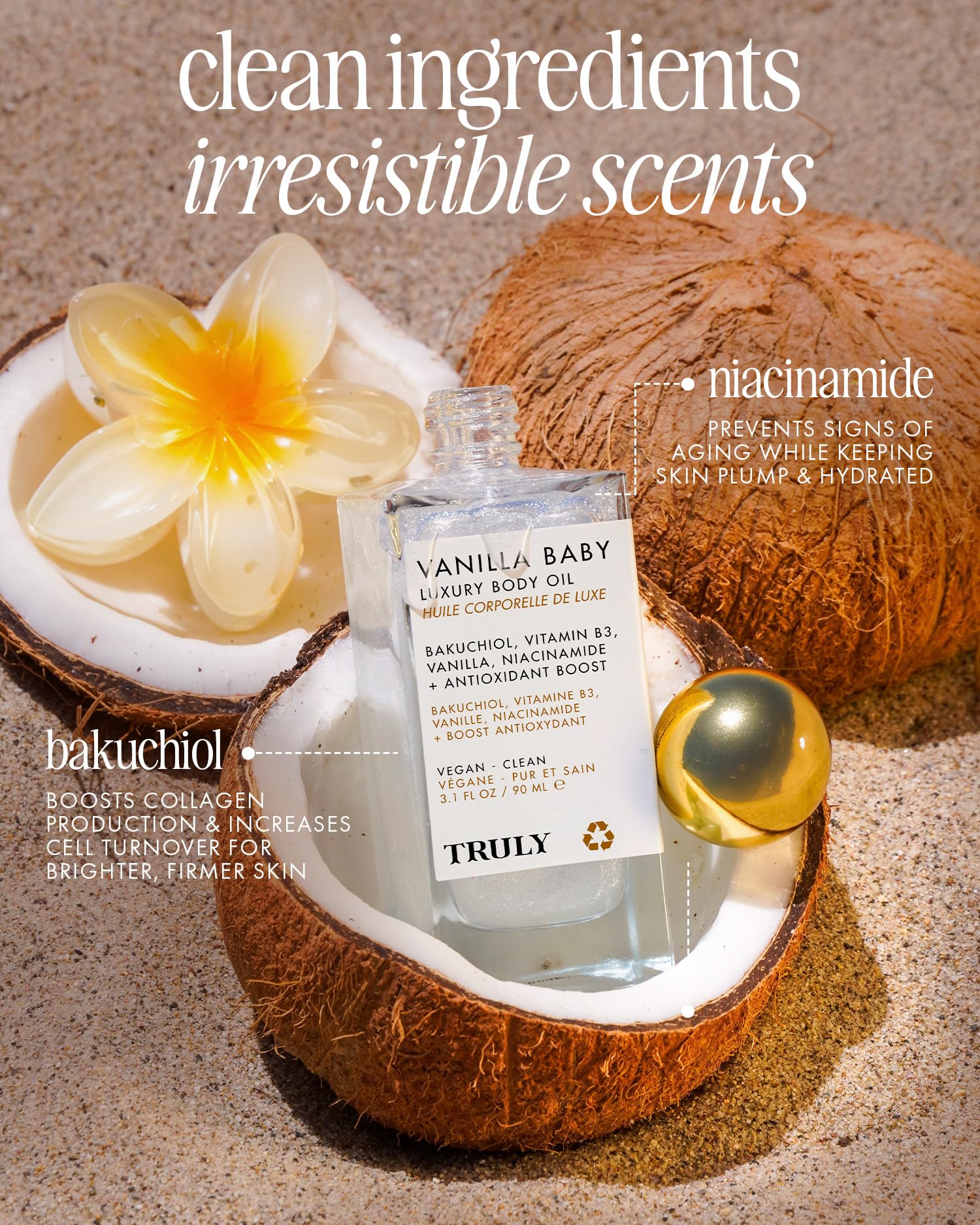 Truly Vanilla Baby Luxury Body Oil being massaged into skin provides nourishing moisture.