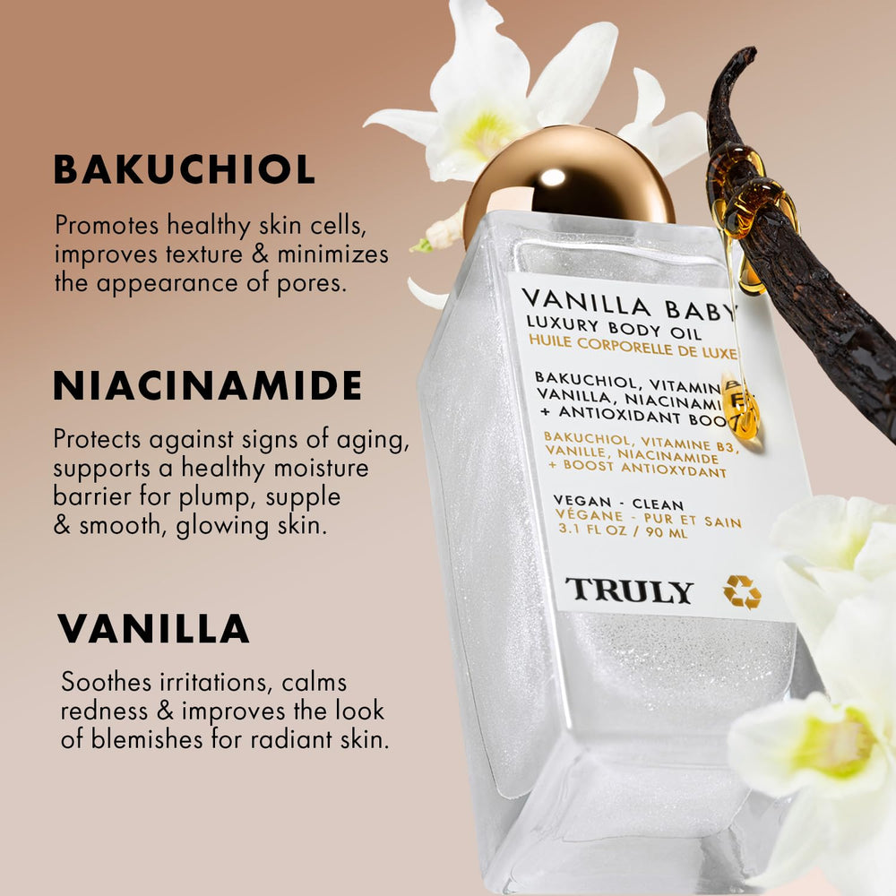 Truly Vanilla Baby Luxury Body Oil with bakuchiol and niacinamide supports a healthy glow.