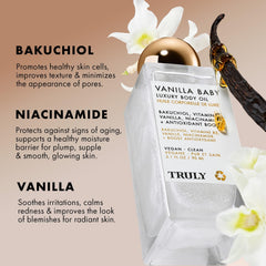Truly Vanilla Baby Luxury Body Oil with bakuchiol and niacinamide supports a healthy glow.