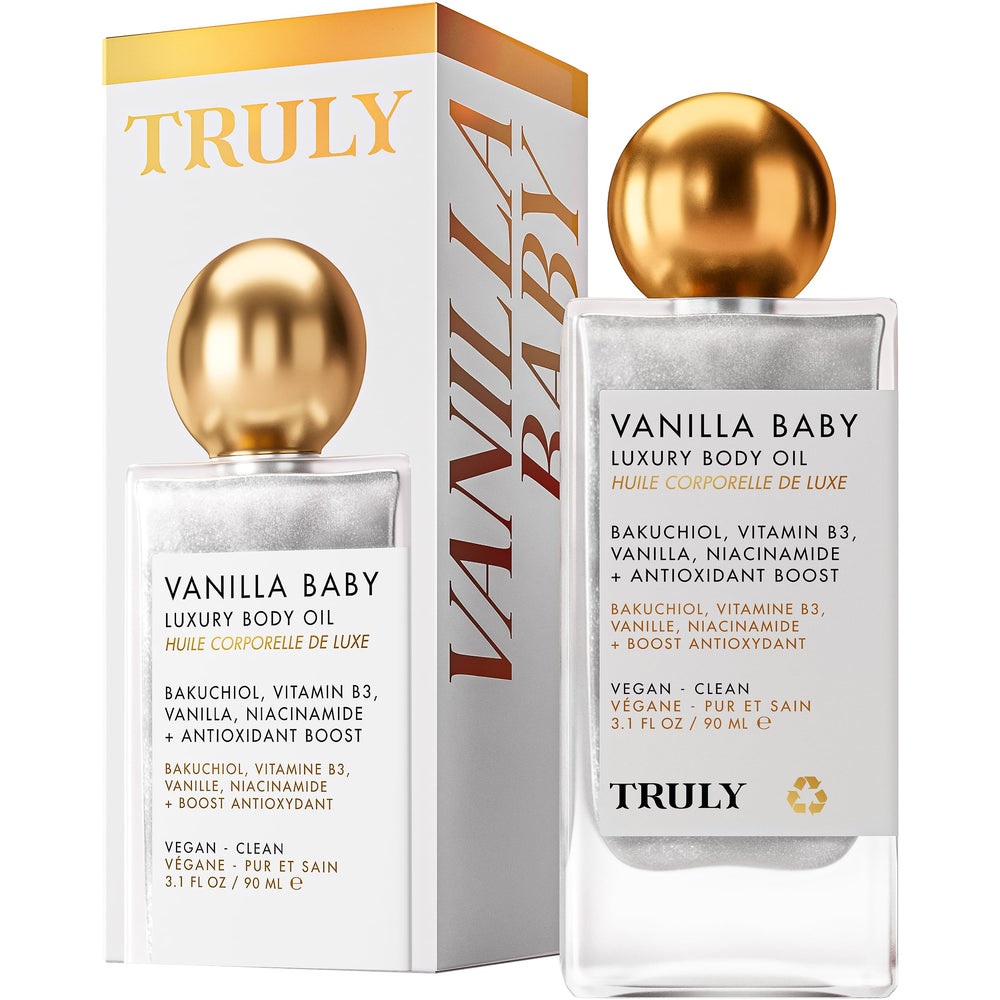 Truly Vanilla Baby Luxury Body Oil bottle glows with hydration and a satin finish.