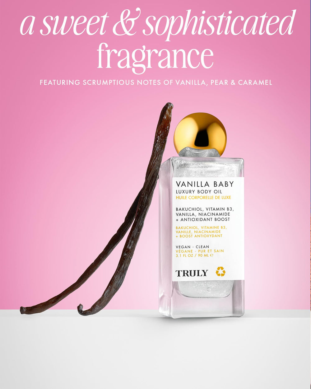 Truly Vanilla Baby Luxury Body Oil pearlescent shimmer adds luminous texture to the skin.