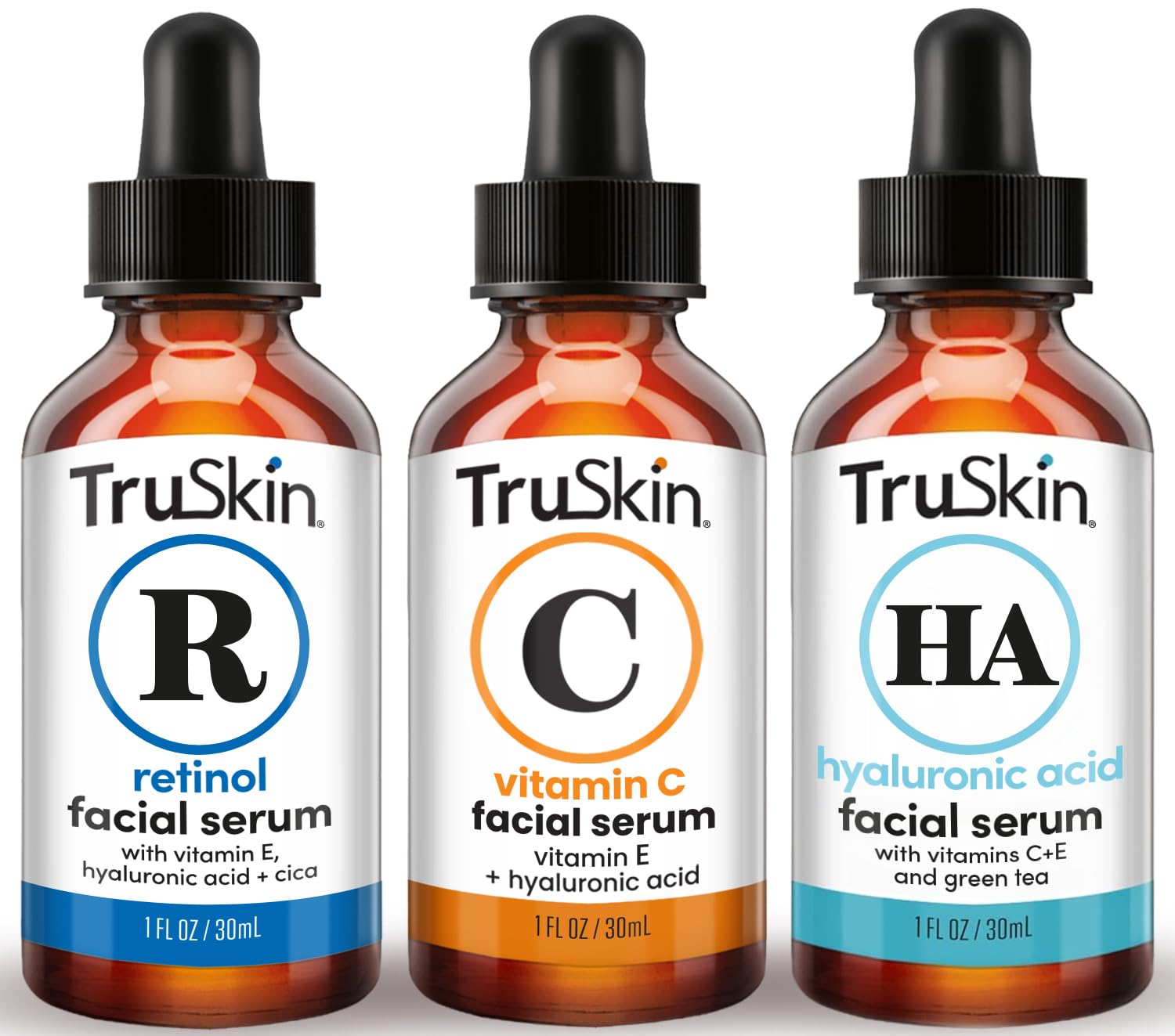 TruSkin packaging finish showing premium, unscented serums ready for daily use