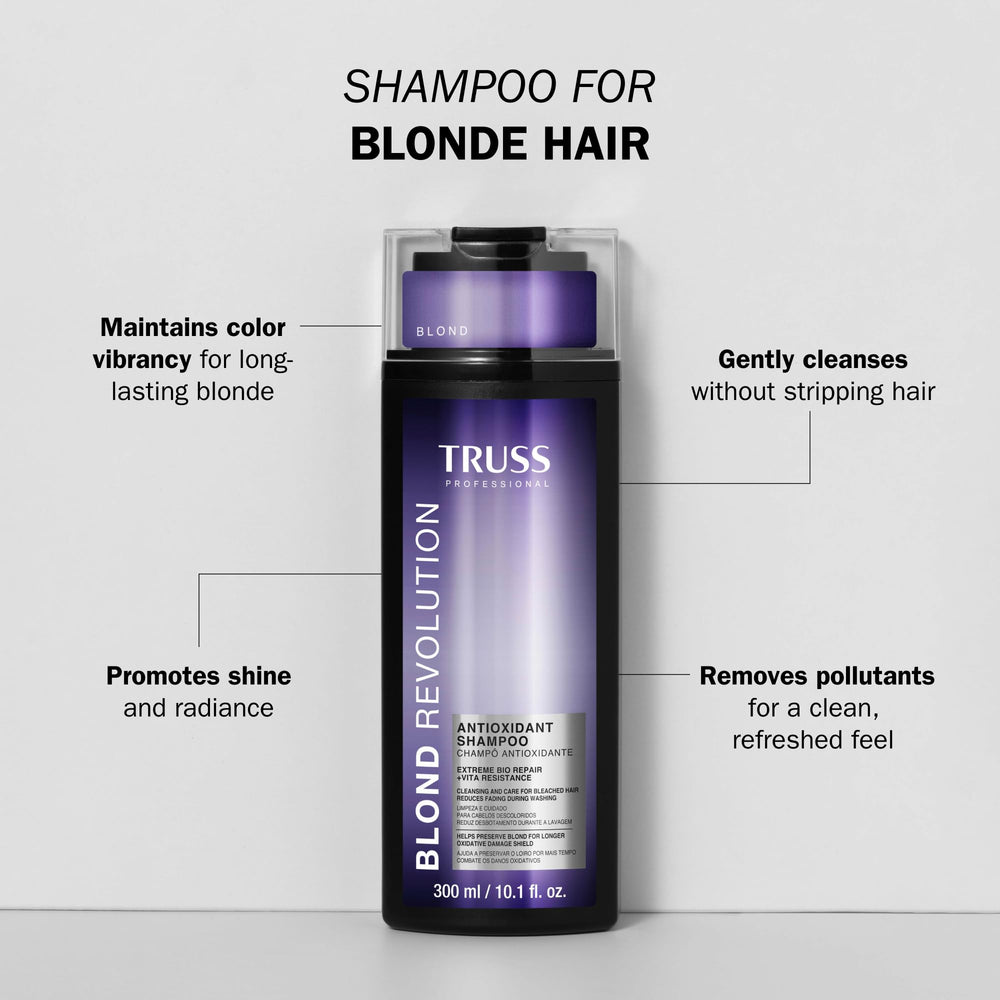 TRUSS Blond Revolution shampoo foamy lather close-up indicating gentle cleansing for color-treated hair.