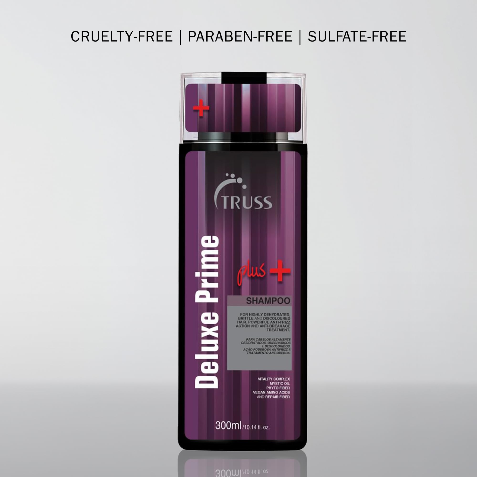 TRUSS Deluxe Prime Plus+ Shampoo tub shot emphasizes nourishment for damaged hair.