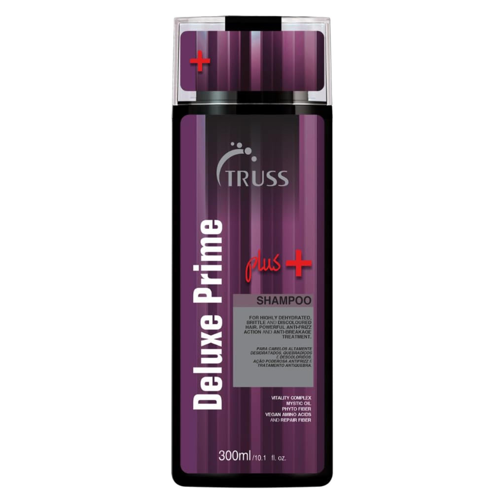TRUSS Deluxe Prime Plus+ Shampoo bottle for dry hair promotes moisture and shine.