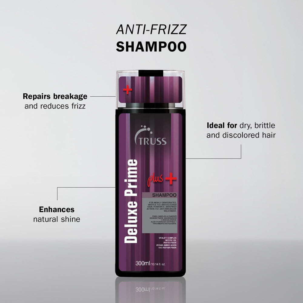 TRUSS Deluxe Prime Plus+ Shampoo close-up shows frizz-control for smoother strands.