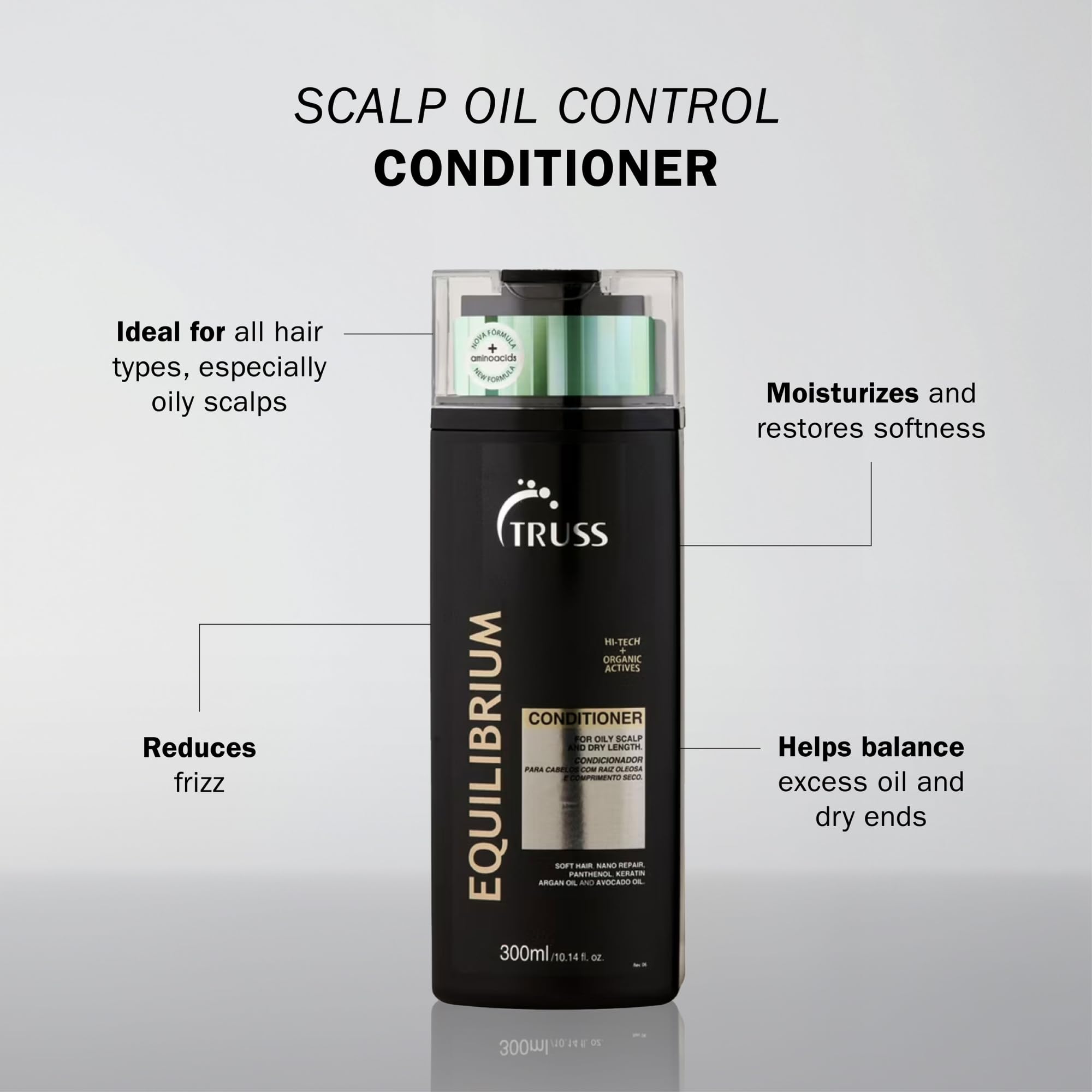 TRUSS Equilibrium conditioner application for damp hair delivers lightweight moisture.