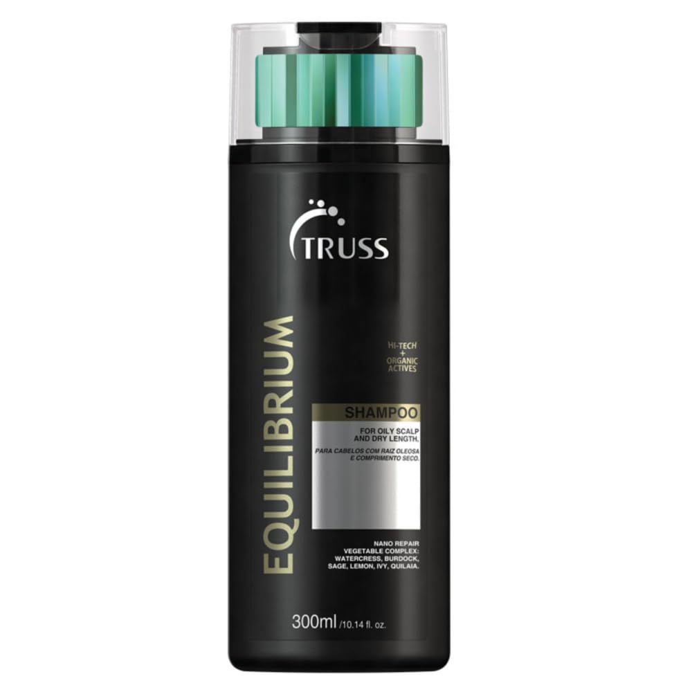TRUSS Equilibrium oily hair bottle promotes balanced scalp cleansing and hydrated ends.