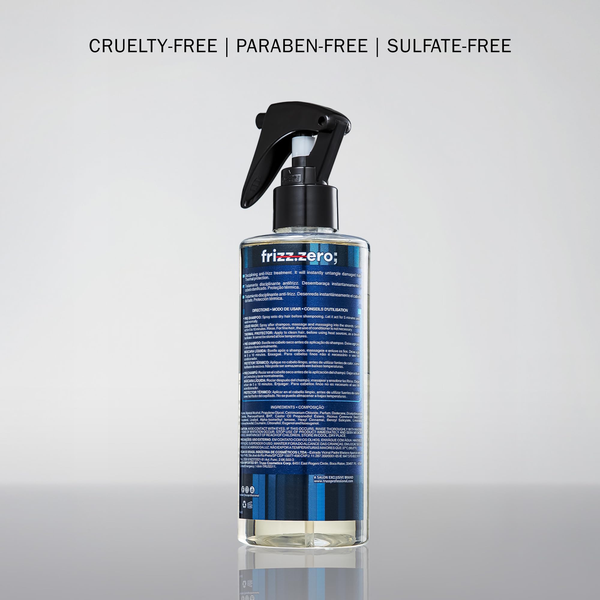 TRUSS Frizz Zero pre-shampoo use prepares hair for washing.