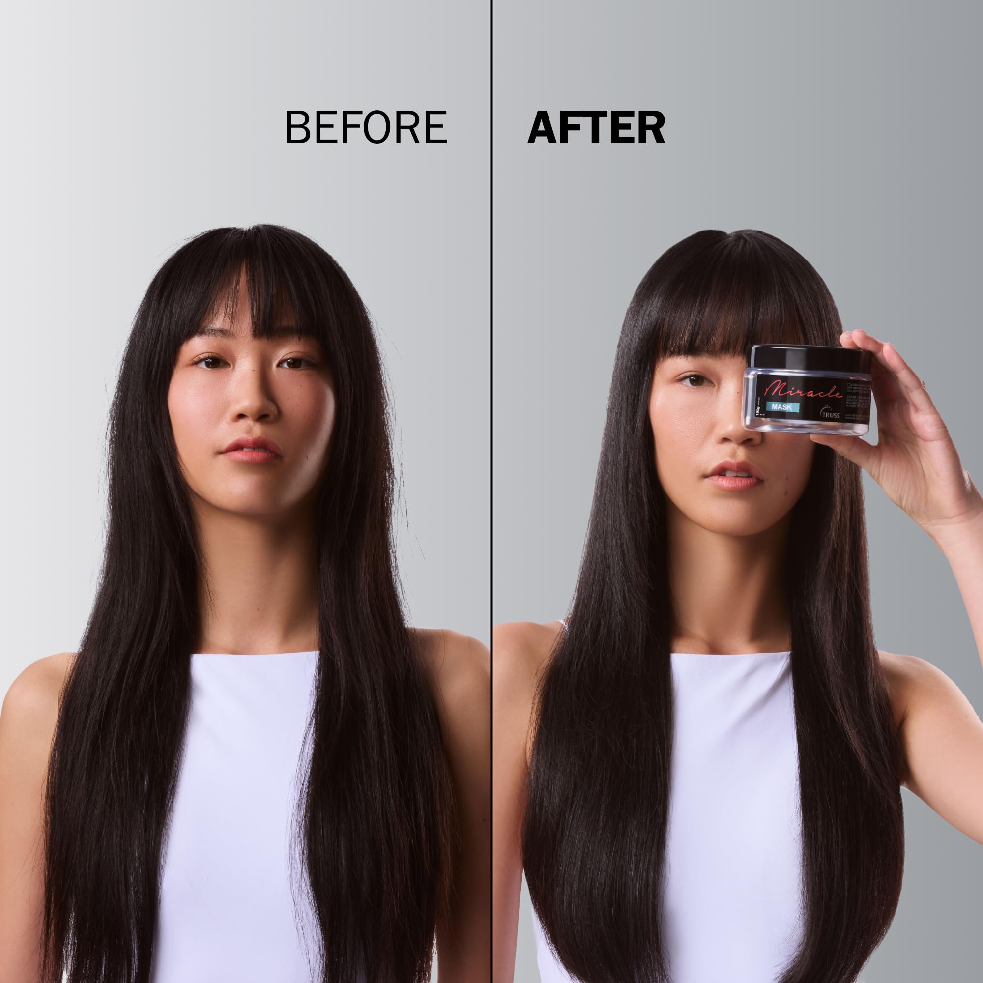 TRUSS Miracle Hair Mask bottle on shelf communicates ease of use and portability