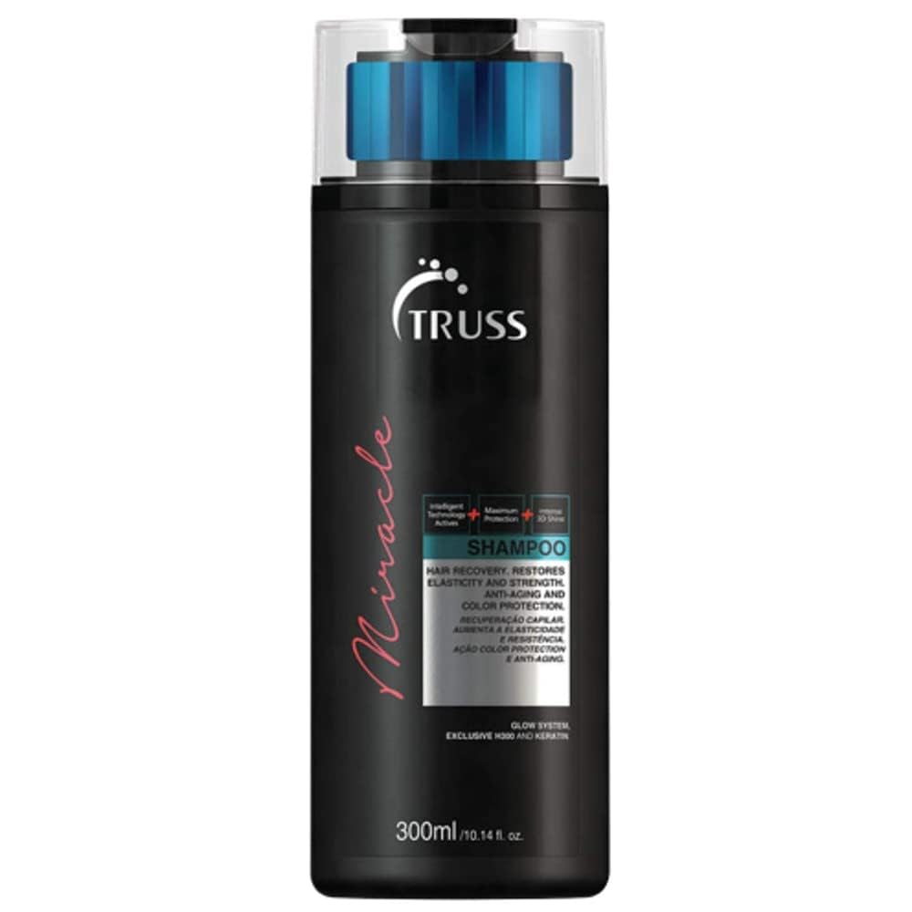 TRUSS Miracle Hair Shampoo bottle shows a clean design for daily anti-frizz care.