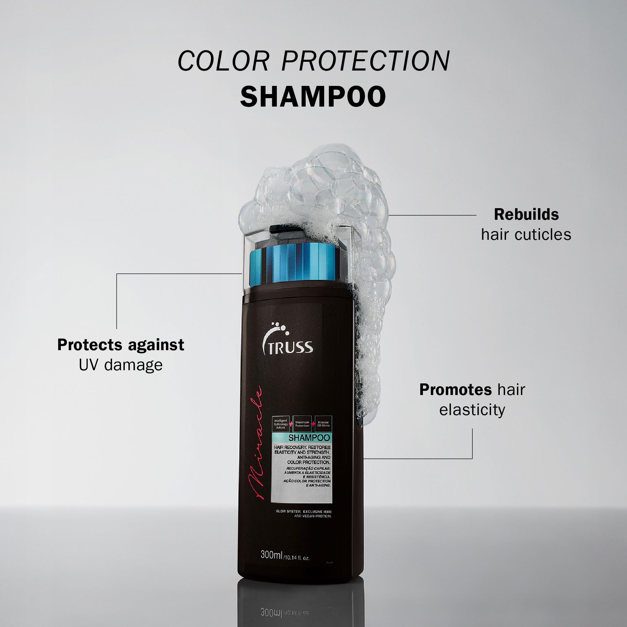 TRUSS Miracle Hair Shampoo lather depiction for color-treated hair cleansing.