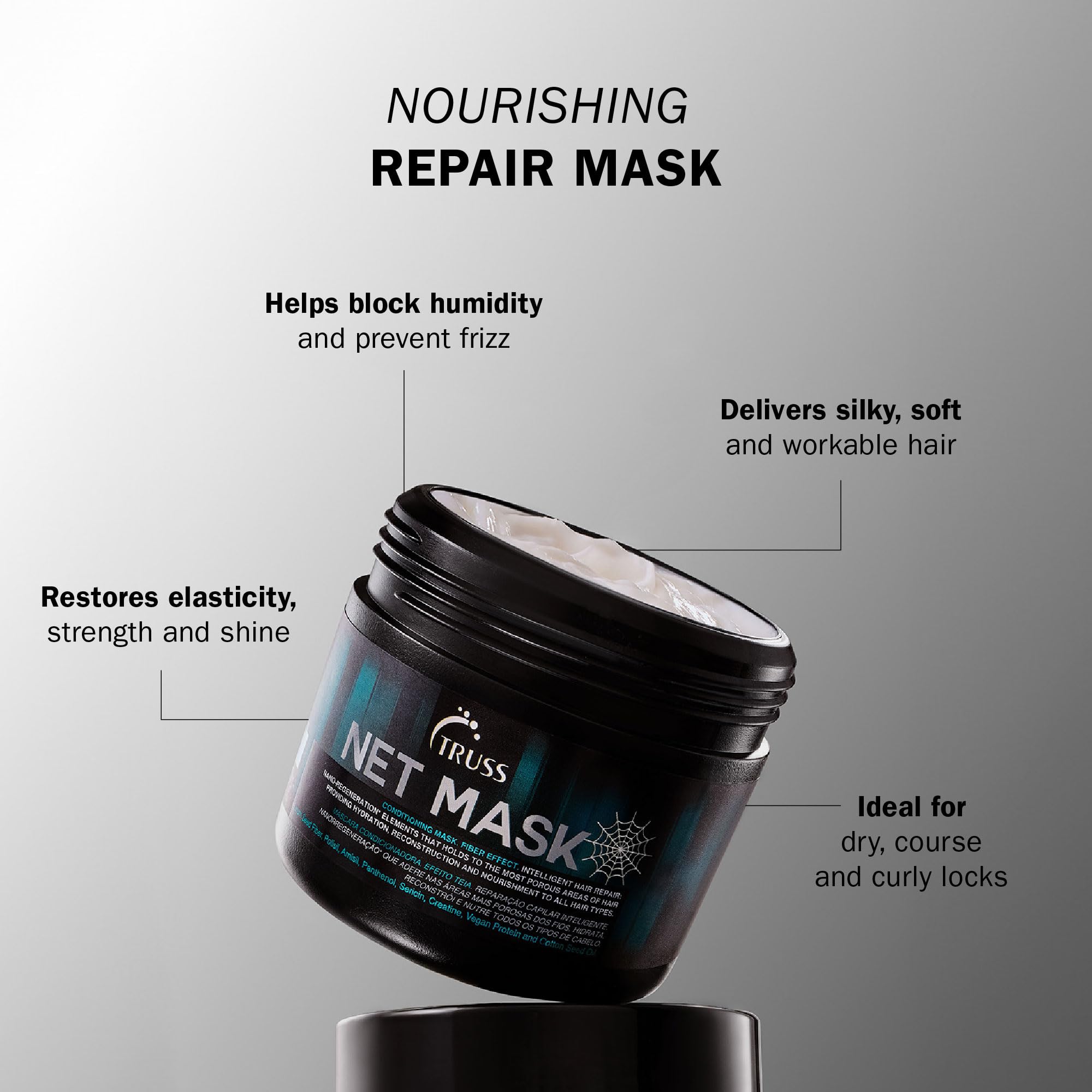 TRUSS Net Deep Conditioning Hair Mask label closeup showing keratin and protein content