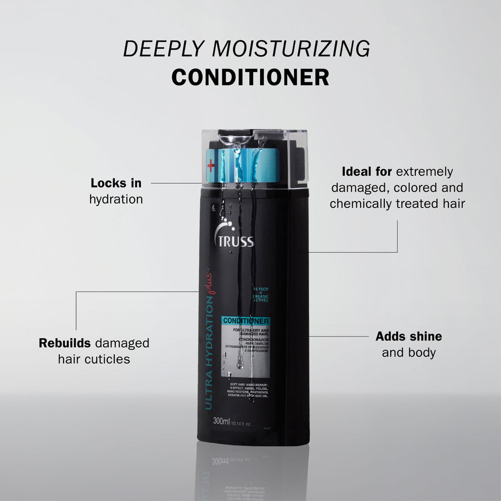 TRUSS Ultra Hydration Plus conditioner back label highlights paraben-free and dye-free formula for sensitive scalps