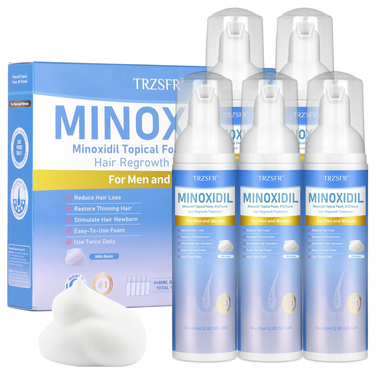 Trzsfr 5% Minoxidil foam bottle shows easy application