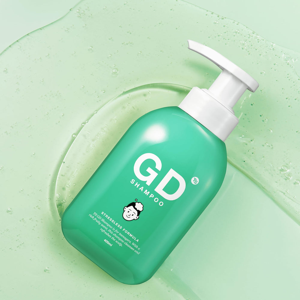 TS GD Shampoo empaque verde, diseño sostenible para adolescentes.