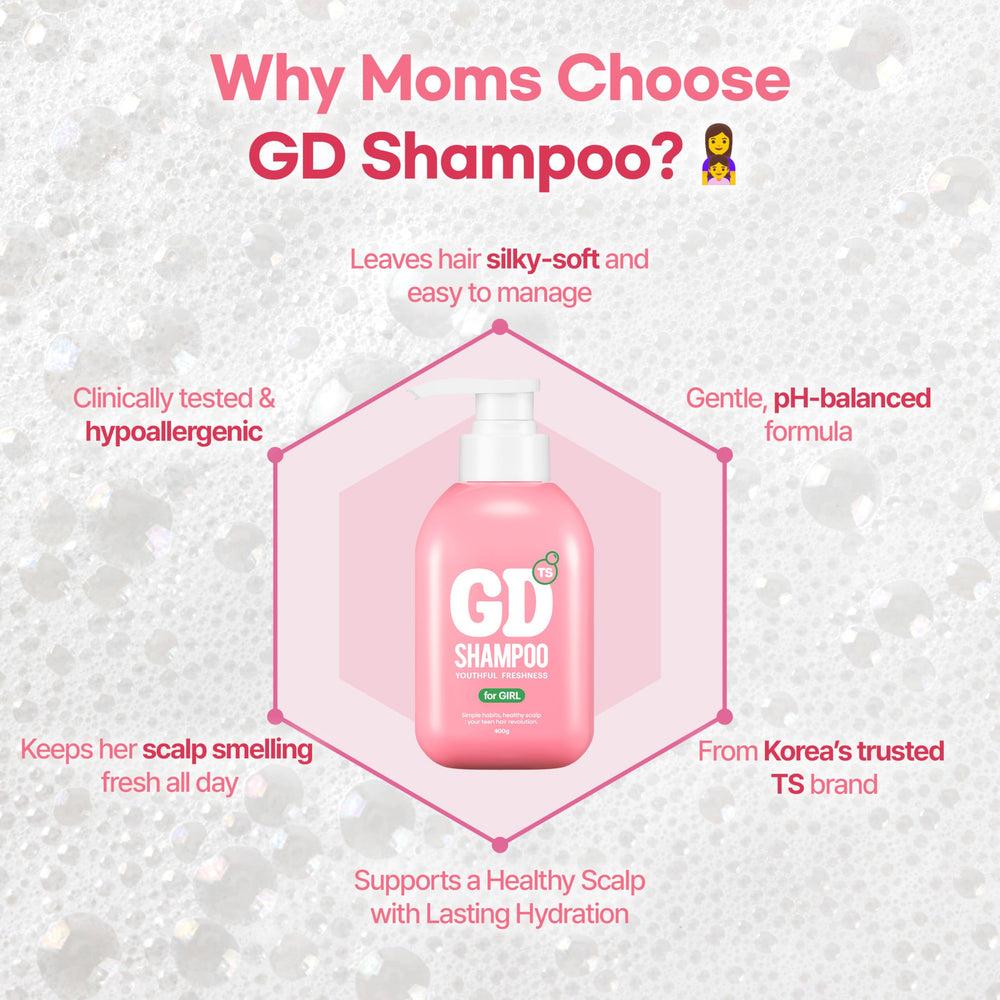 TS GD Shampoo para adolescentes, etiqueta frutal; fragancia suave para uso diario.