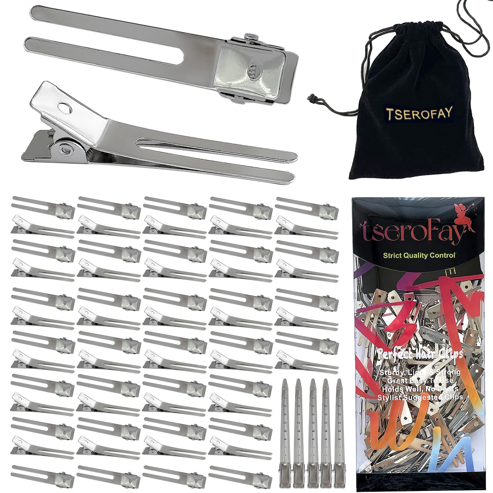 Pinzas TSEROFAY para cabello plateadas en primer plano, agarre firme sin enganchar.