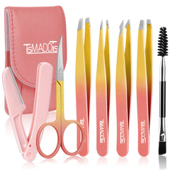 TsMADDTs 7pcs Tweezers Set image showing all tools for precise brow grooming on the go