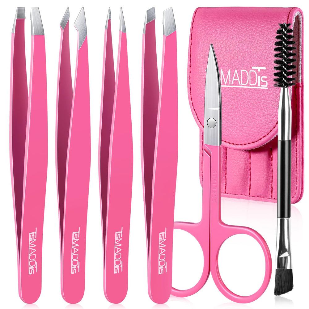 TsMADDTs 6-piece eyebrow tweezers set for travel grooming.
