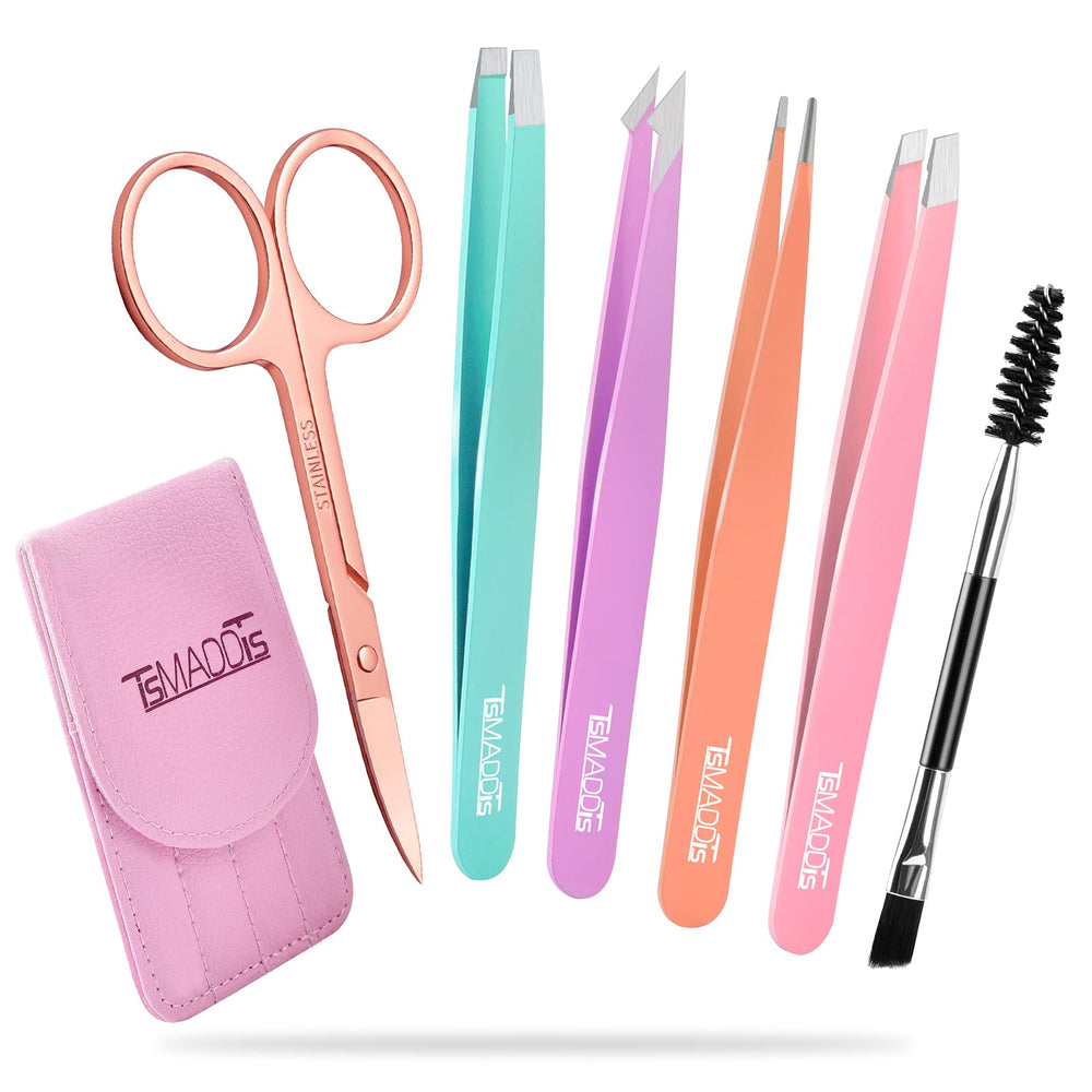 TsMADDTs 6pcs tweezers set with pink leather case for precise brow shaping on the go.