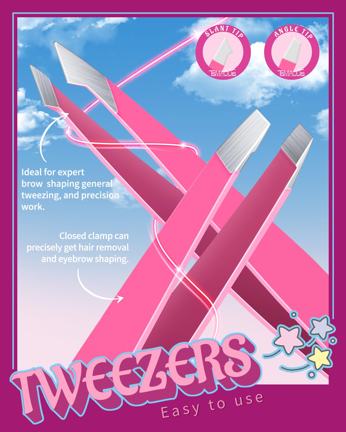 TsMADDTs angled tweezers provide better grip for quick plucking.
