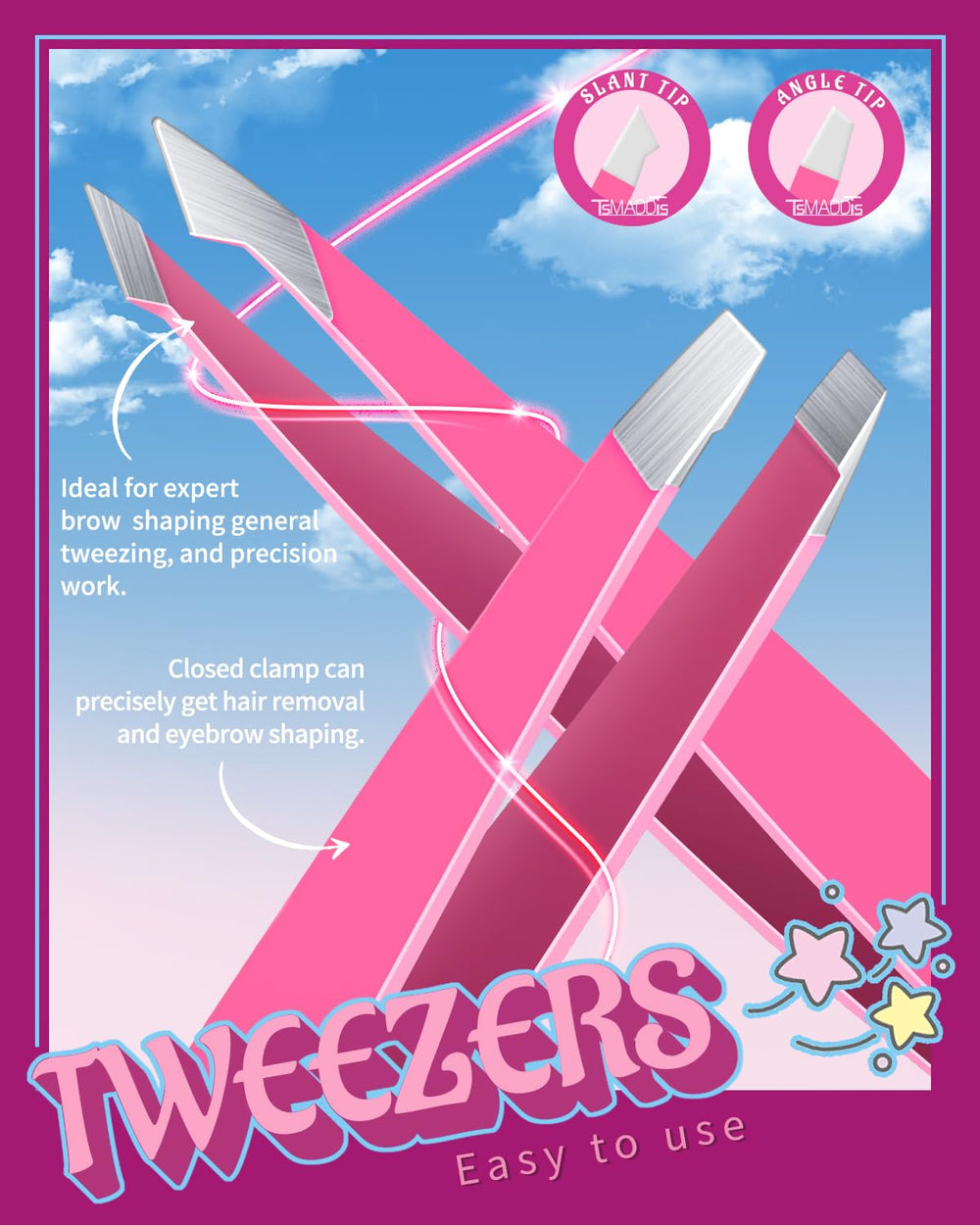 TsMADDTs angled tweezers provide better grip for quick plucking.