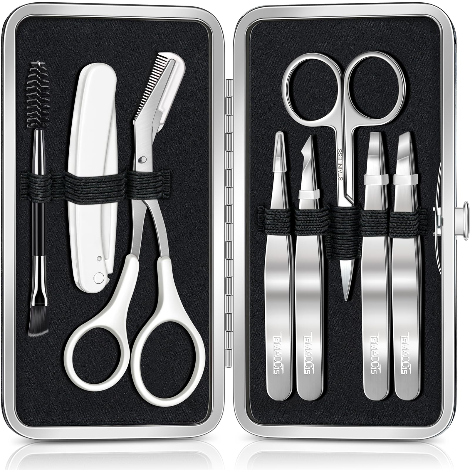 TsMADDTs 8-in-1 eyebrow kit in a portable case for organized grooming and travel