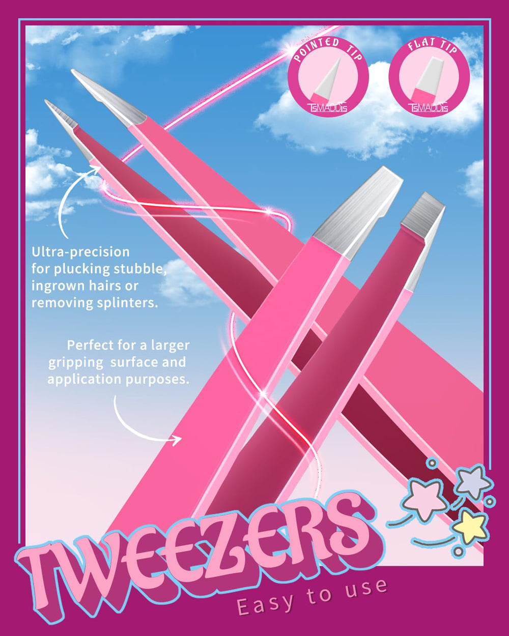 TsMADDTs flat-tip tweezers for precise brow shaping.