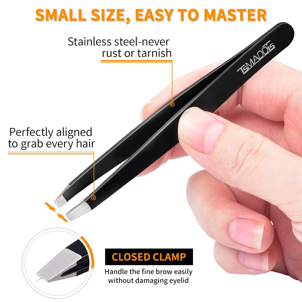 TsMADDTs angled tweezer provides control for fine hairs and edges.