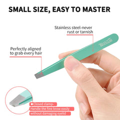 TsMADDTs slant-tip eyebrow tweezers for accurate grasping of stray hairs.